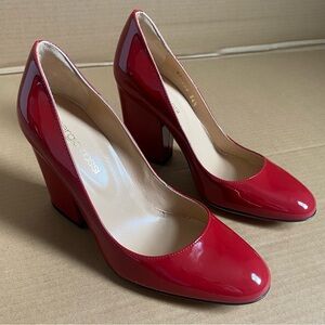 Sergio Rossi Red Patent Leather Heels Pump Block Chunky Heel